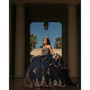 Sleeveless Navy Blue Quinceanera Dresses Sequin Sweetheart Neck Lace Appliques 15 Dress