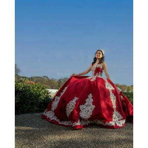 Sleeveless Red Quinceanera Dresses Lace Appliques V Neck 15 Dress