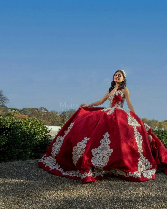 Sleeveless Red Quinceanera Dresses Lace Appliques V Neck 15 Dress