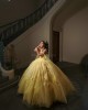 Spaghetti Strap Yellow Quinceanera Dresses Square Collar 15 Dress With 3D Flowers