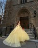 Spaghetti Strap Yellow Quinceanera Dresses Square Collar 15 Dress With 3D Flowers