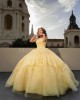 Spaghetti Strap Yellow Quinceanera Dresses Square Collar 15 Dress With 3D Flowers