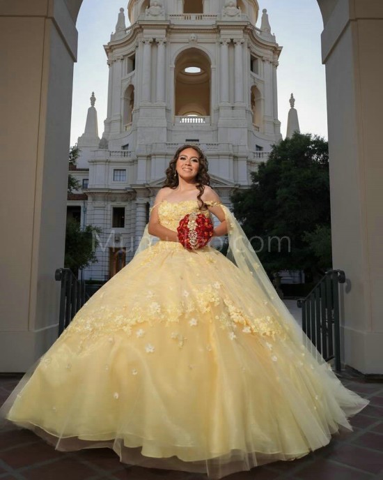 Spaghetti Strap Yellow Quinceanera Dresses Square Collar 15 Dress With 3D Flowers