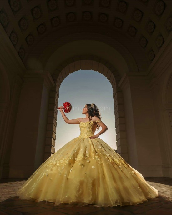 Spaghetti Strap Yellow Quinceanera Dresses Square Collar 15 Dress With 3D Flowers