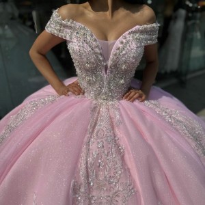 Tulle Off The Shoulder Glitter Light Pink 15 Dress