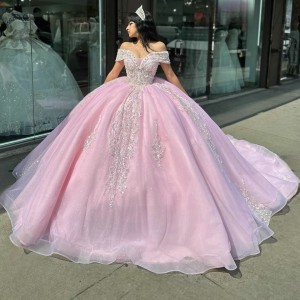 Tulle Off The Shoulder Glitter Light Pink 15 Dress