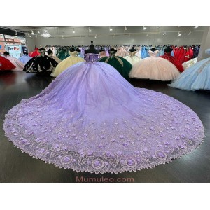 3D Flowers Lilac Sweet 16 Dresses Discount Quinceanera Dress With See Through Bodice