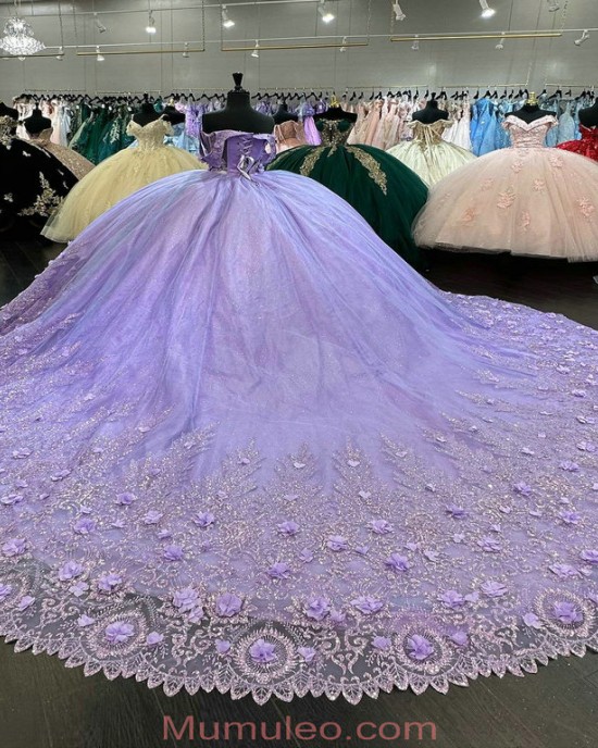 3D Flowers Lilac Sweet 16 Dresses Discount Quinceanera Dress With See Through Bodice