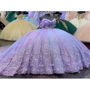 3D Flowers Lilac Sweet 16 Dresses Discount Quinceanera Dress With See Through Bodice