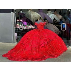 Floor Length Off The Shoulder Bright Red Quince Dress With Bowtie