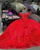 Floor Length Off The Shoulder Bright Red Quince Dress With Bowtie