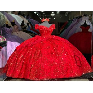 Floor Length Off The Shoulder Bright Red Quince Dress With Bowtie