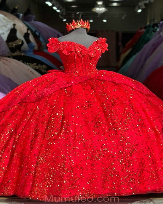 Floor Length Off The Shoulder Bright Red Quince Dress With Bowtie