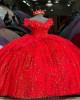 Floor Length Off The Shoulder Bright Red Quince Dress With Bowtie