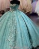 Glitter Tulle Floral Sage Green Quince Dress 2024 With Long Sleeves