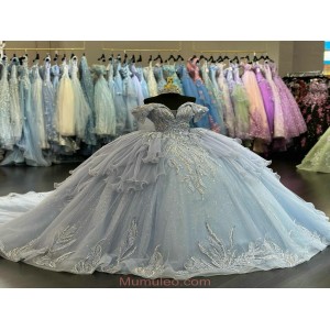 Lace Appliqued Dusty Blue Quinceanera Dresses With Cascading Details