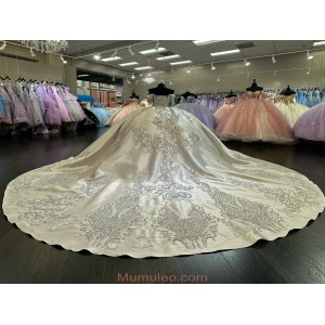 Metallic Appliqued Off The Shouler Satin Quinceanera Dresses Silver