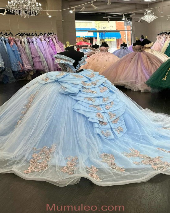 Scalloped Sleeves Pink and Blue Quinceanera Dresses 2024 With Bowtie