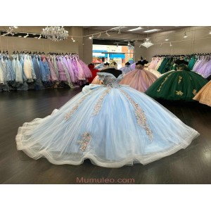 Scalloped Sleeves Pink and Blue Quinceanera Dresses 2024 With Bowtie