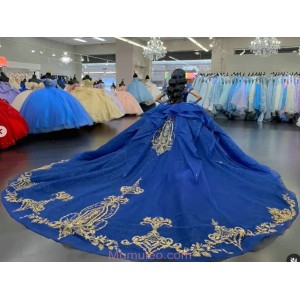 V Neck Off The Shoulder Luxury Gold and Royal Blue Quinceanera Dresses