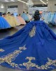 V Neck Off The Shoulder Luxury Gold and Royal Blue Quinceanera Dresses