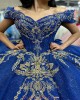 V Neck Off The Shoulder Luxury Gold and Royal Blue Quinceanera Dresses