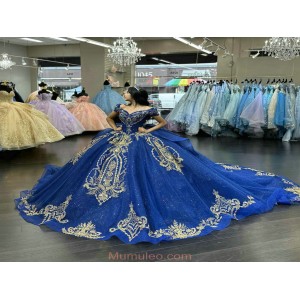 V Neck Off The Shoulder Luxury Gold and Royal Blue Quinceanera Dresses