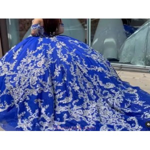 Vintage Appliqued Dark Royal Blue Quinceanera Dresses Off The Shoulder