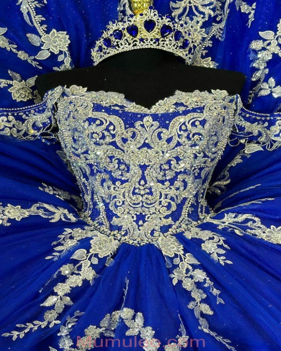 Vintage Appliqued Dark Royal Blue Quinceanera Dresses Off The Shoulder