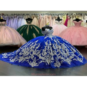 Vintage Appliqued Dark Royal Blue Quinceanera Dresses Off The Shoulder