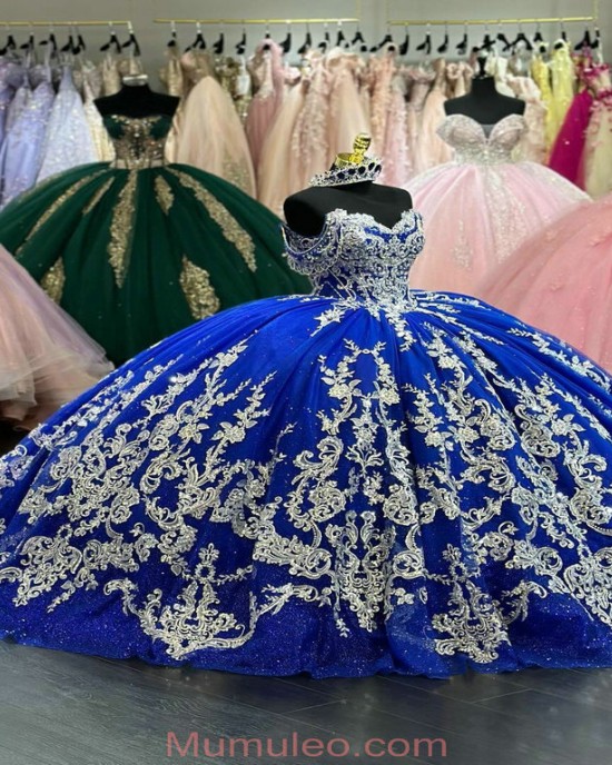 Vintage Appliqued Dark Royal Blue Quinceanera Dresses Off The Shoulder