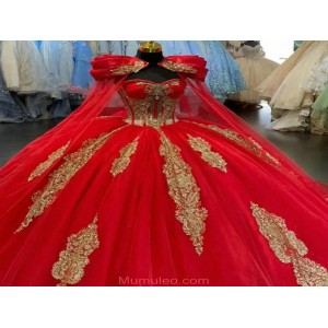 Vintage Red With Gold 15 Dresses Inexpensive Quinceanera Dresses With Cape