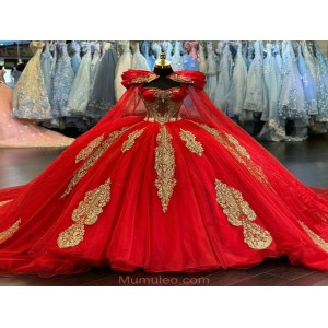 Vintage Red With Gold 15 Dresses Inexpensive Quinceanera Dresses With Cape