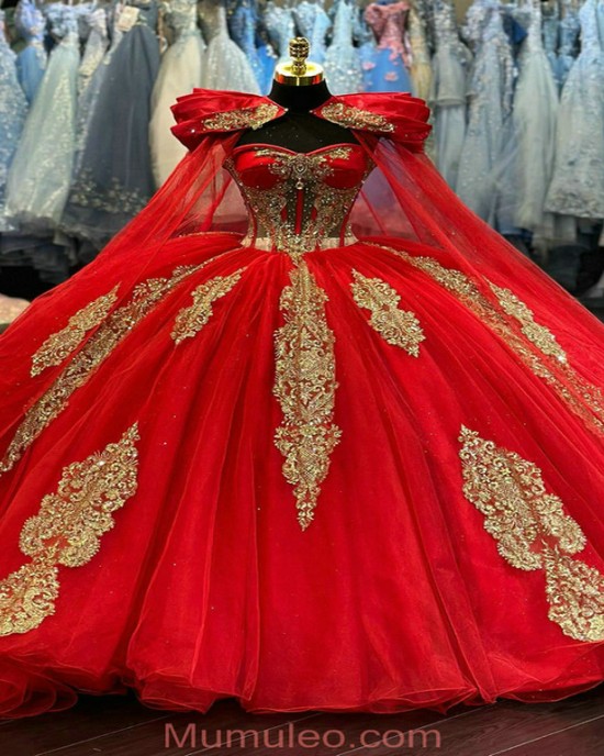 Vintage Red With Gold 15 Dresses Inexpensive Quinceanera Dresses With Cape