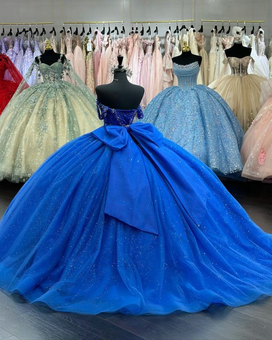 Back Bowtie Off Shoulder Royal Blue Dresses for Sweet 15 With Basque Waist