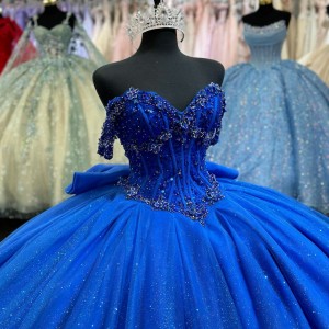 Back Bowtie Off Shoulder Royal Blue Dresses for Sweet 15 With Basque Waist