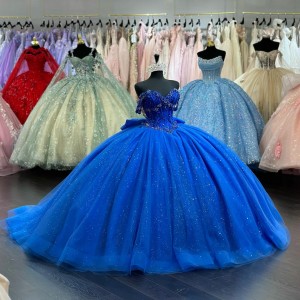 Back Bowtie Off Shoulder Royal Blue Dresses for Sweet 15 With Basque Waist