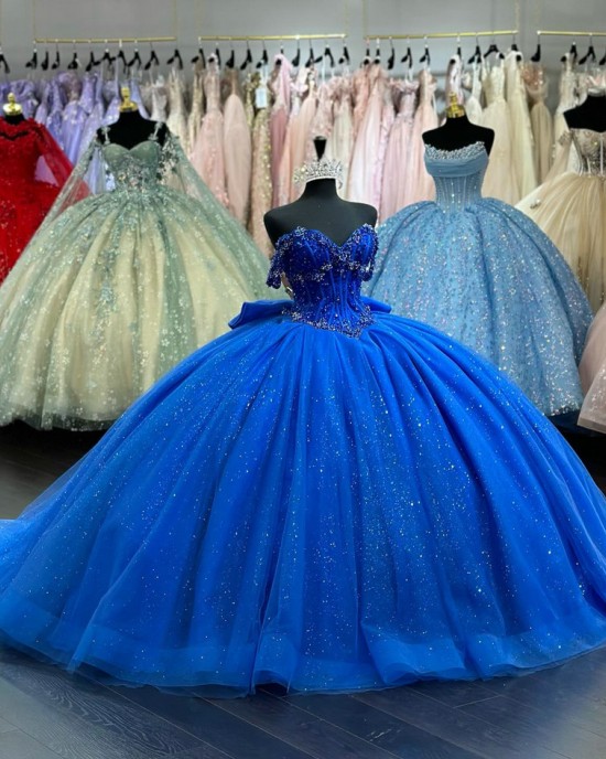 Back Bowtie Off Shoulder Royal Blue Dresses for Sweet 15 With Basque Waist