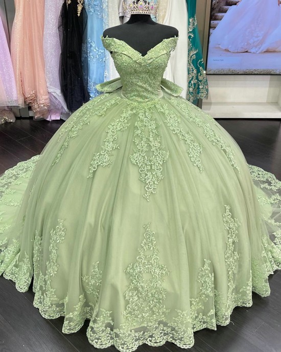 Classic Off The Shoulder Green Quinceanera Dresses With Bowtie On Back