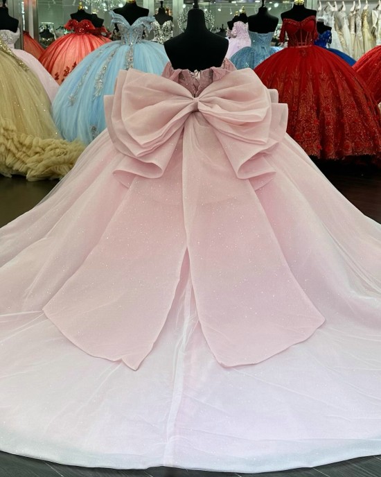 Corset Bodice Pearls Royal Pink Quinceanera Dresses With Bowtie