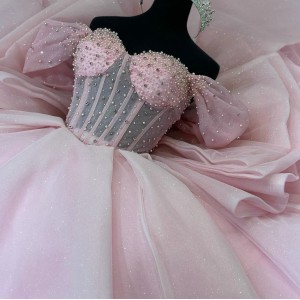 Corset Bodice Pearls Royal Pink Quinceanera Dresses With Bowtie