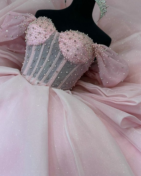 Corset Bodice Pearls Royal Pink Quinceanera Dresses With Bowtie