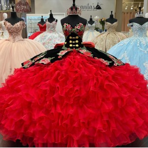 Embroidery Ruffled mexican Black and Red Charro Quinceanera Dresses