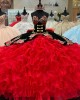 Embroidery Ruffled mexican Black and Red Charro Quinceanera Dresses