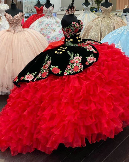 Embroidery Ruffled mexican Black and Red Charro Quinceanera Dresses