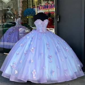 Floor Length 3D Flowers Purple Blue Quinceanera Dresses With Detachable Sleeves