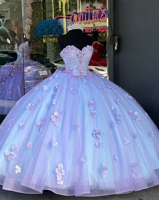 Floor Length 3D Flowers Purple Blue Quinceanera Dresses With Detachable Sleeves