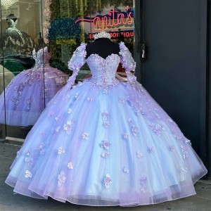 Floor Length 3D Flowers Purple Blue Quinceanera Dresses With Detachable Sleeves