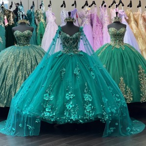 Floor Length Custom Made Green Quinceanera Dresses With Cape