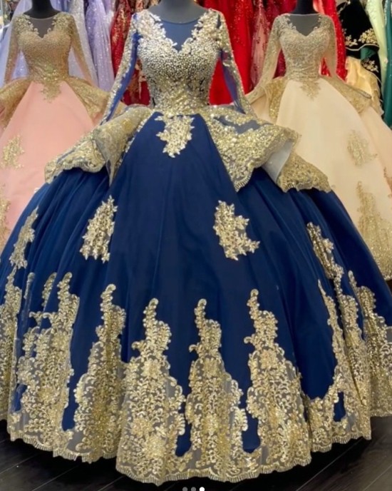 Gold and Royal Blue Quinceanera Dresses With Long Sleeves